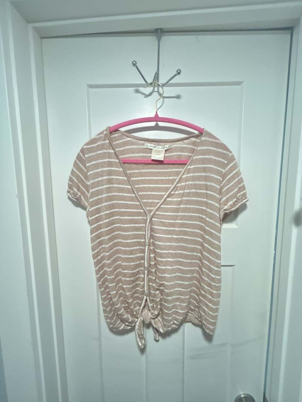 Max Studio Tie-Front Top Size S Tan White Striped Linen Button Down